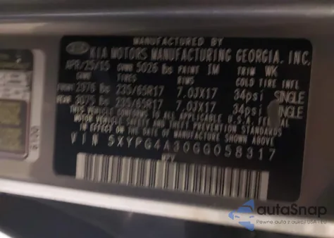 2016 Kia Sorento 2.4L L z USA, uszkodzony, nr VIN 5XYPG4A30GG058317